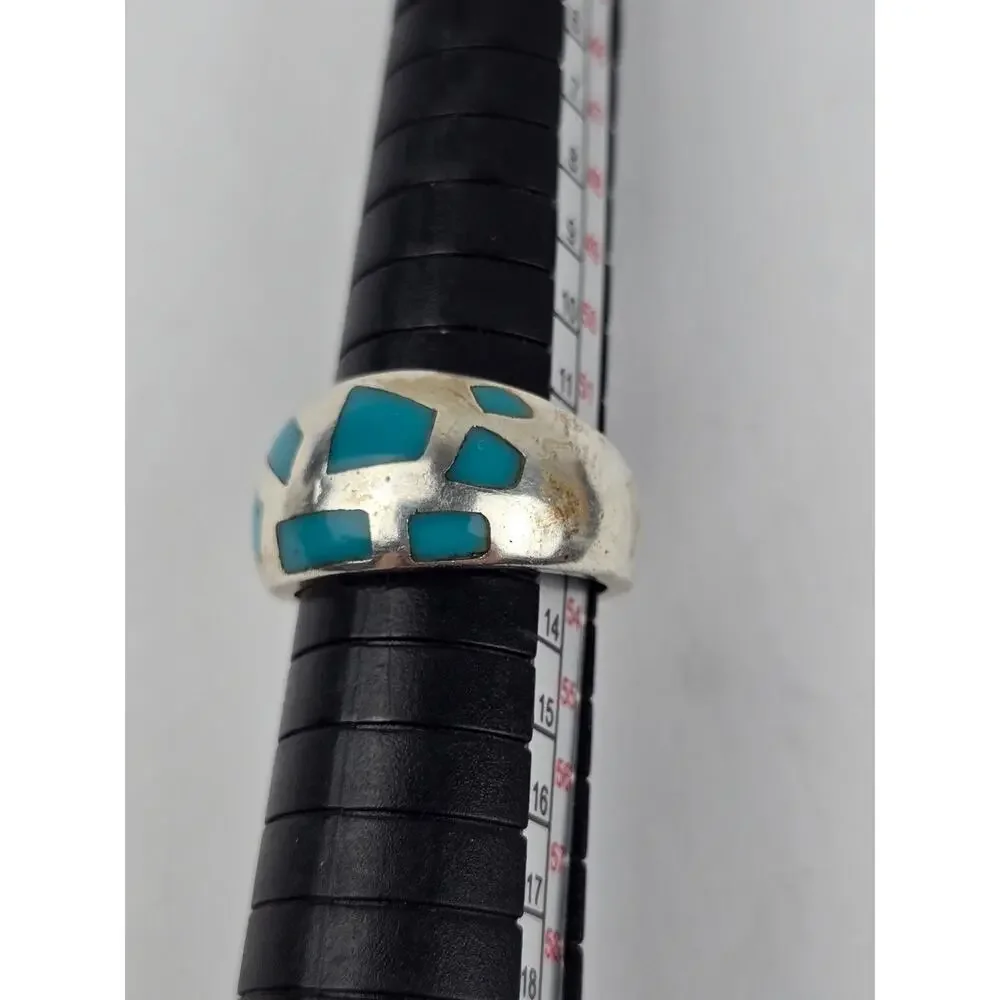 Vintage Sterling silver Band ring with Mosaic inlay Turquoise Size 7.25